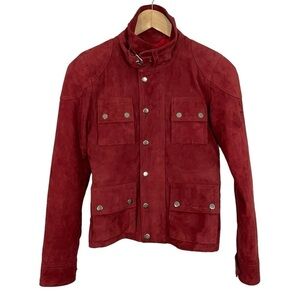 Leather Cult Suede Jacket Womens 32 XS Burnt Red Belted High Neck Utility EUC